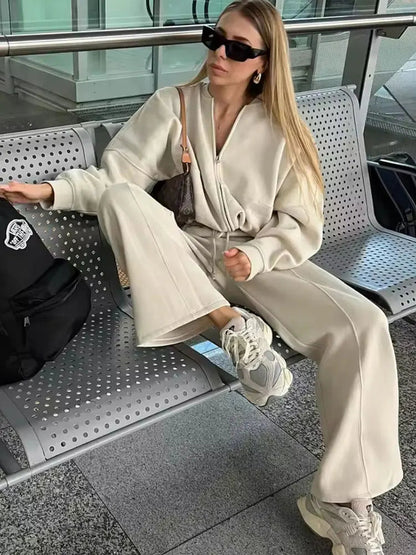 HH Women's Fall 2-Piece Retro Solid Color Zip Bomber Jacket Sweatshirt+High Waist Lace Up Women's Wide Leg Pants Street Wear Good Vibrations