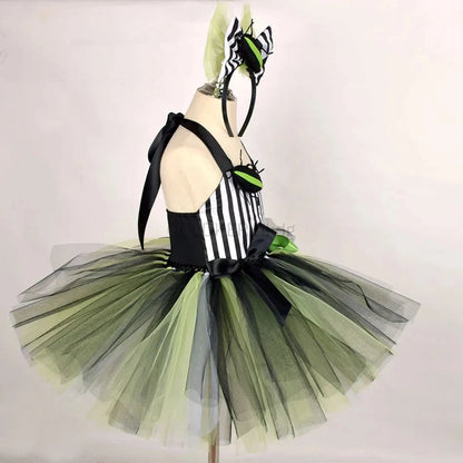 Halloween Costumes Kids Girl Black White Striped Tulle Tutu Dress and Headband 2PCS Toddler Halloween Outfit Beetle Cosplay Good Vibrations