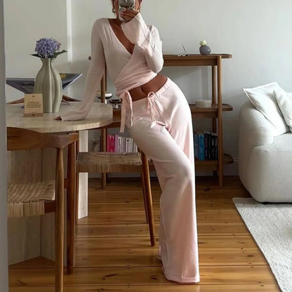 Women Fashion Lounge Set Vintage 2 Piece Outfit V Neck Waist Tie T-shirt + Elastic Waist Pants Autumn Long Sleeve Crop Tops Good Vibrations