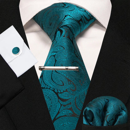8cm Silk Mens Ties Green Black Ties plaid stripe NeckTie Pocket Square Cufflinks Tie clips Set Men's Wedding business Party Tie Good Vibrations