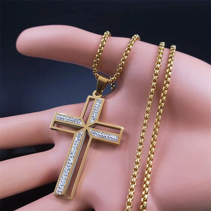 Catholic Crucifix Cross Necklace for Women Men Stainless Steel Christian Religious Male Chain Jewelry colar masculino N4943 Good Vibrations