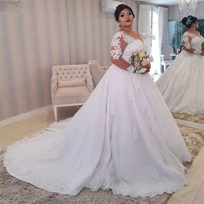 vestido de casamento Wedding Dress Plus Size Illusion Long Sleeve Pearls Beading Appliques White Bridal Gowns vestido de noiva Good Vibrations