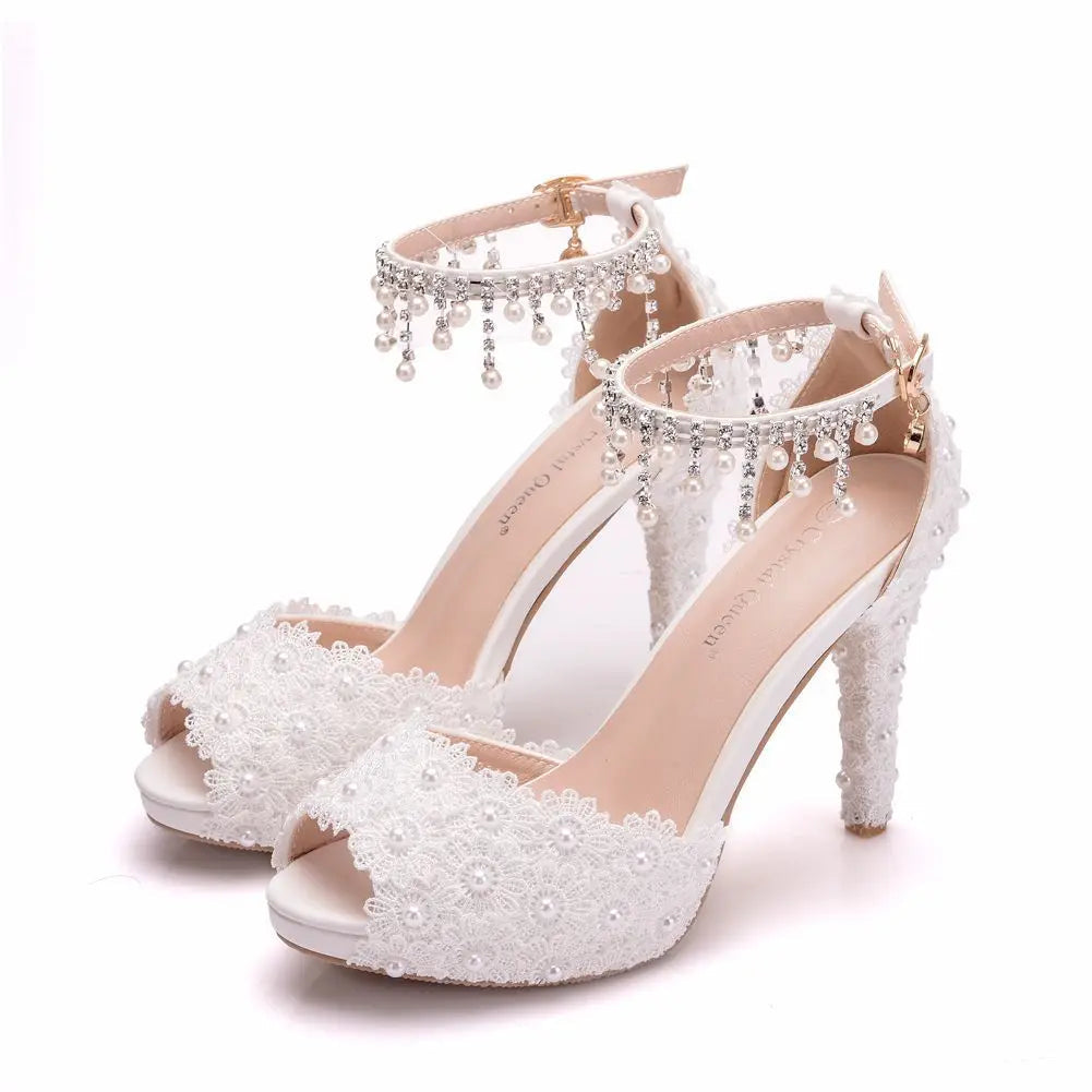 Women High Heel Shoes for Female Pointed Fashion Sandals Lace Pearl Platform PU 10CM Thin Heels Peep Toe Dress Woman Shoes Good Vibrations