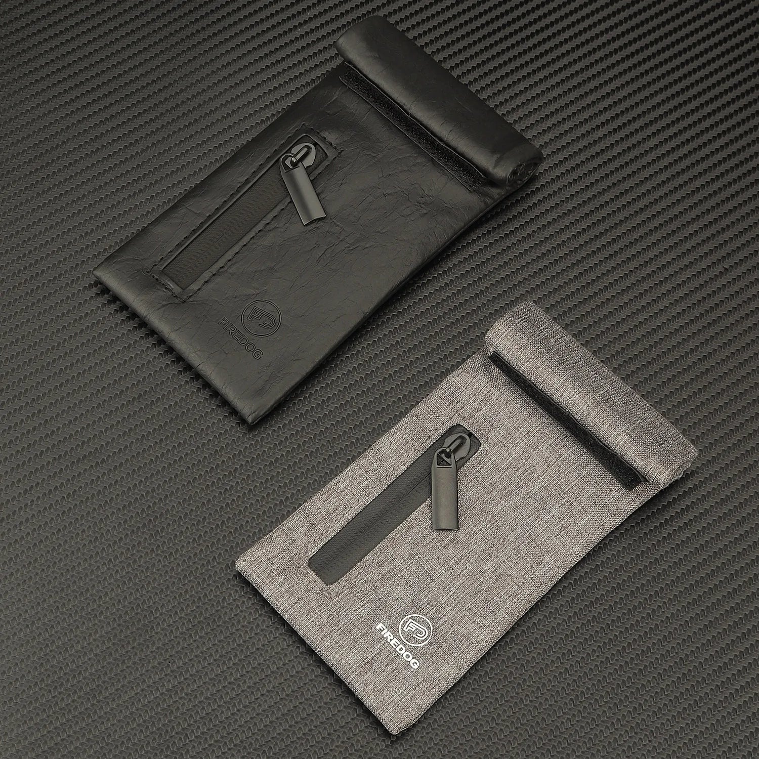 FIREDOG smoking smell proof pouches with zipper and carbon lining, durable PU leather, in black and gray.