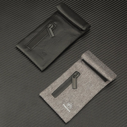 FIREDOG smoking smell proof pouches with zipper and carbon lining, durable PU leather, in black and gray.