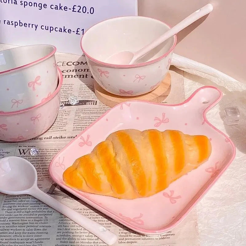 Pink Bow Ceramic Cutlery Set, Dessert Home Tableware Ceramic Handle Bowl Yogurt Cup High Value Breakfast Plate Drinkware Good Vibrations