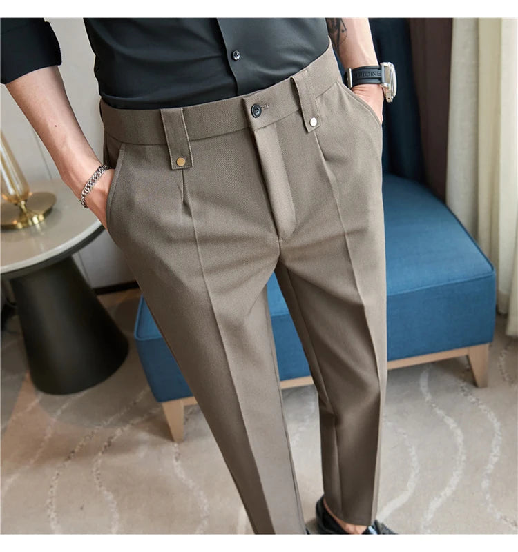 Mens Suit Pants 2025 Autumn New British Style Elastic Waist Solid Casual Formal Dress Pants Slim Fit Trousers for Men Clothing Good Vibrations