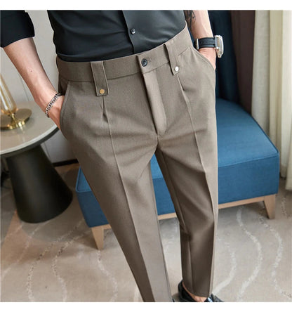 Mens Suit Pants 2025 Autumn New British Style Elastic Waist Solid Casual Formal Dress Pants Slim Fit Trousers for Men Clothing Good Vibrations