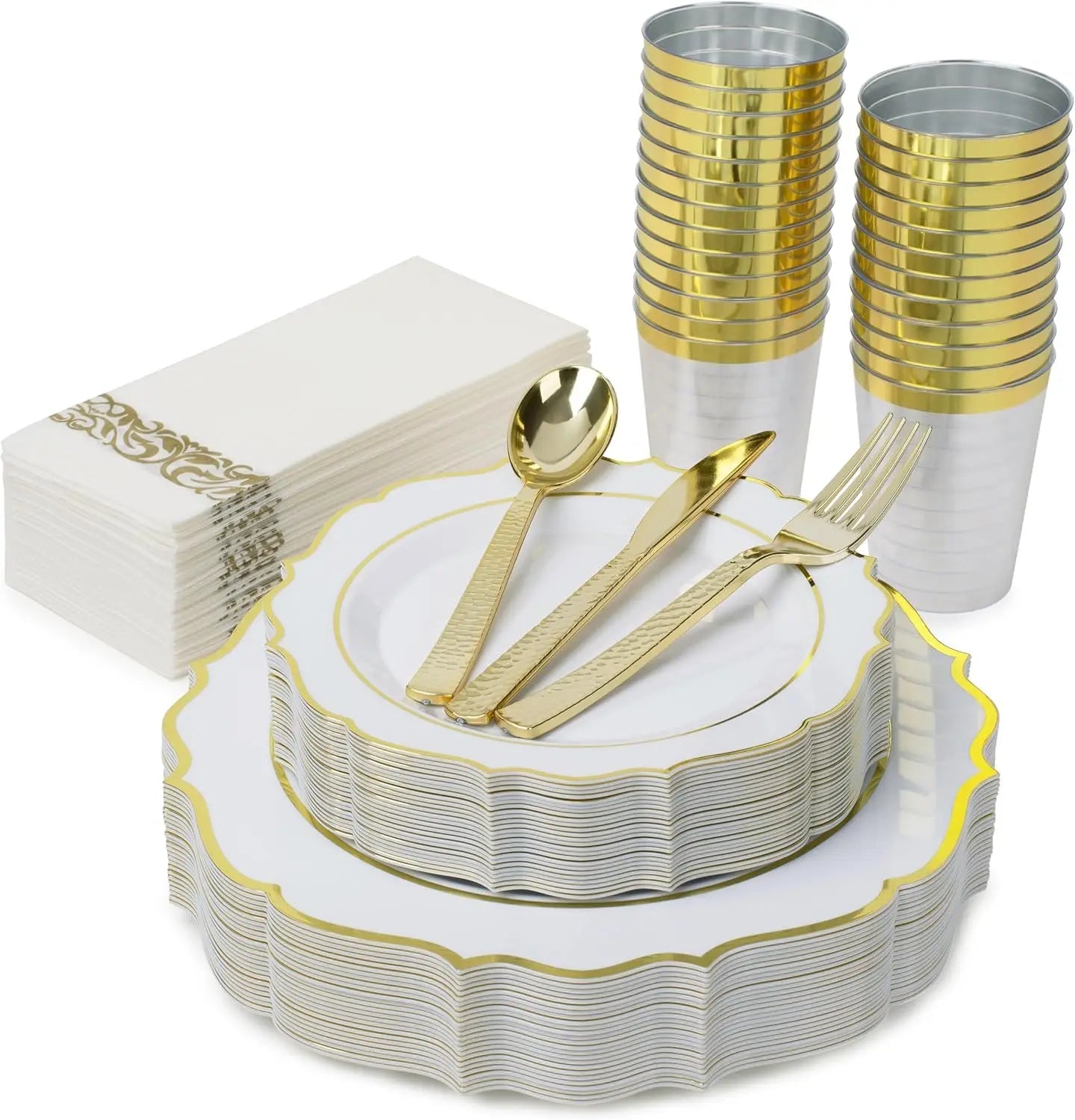 Plates Disposable, 50 Plastic Maroon Plates, Red Plastic Dinnerware Set, 25 10oz Cups, 75 Gold Cutlery, 25 Gold Napkins Good Vibrations