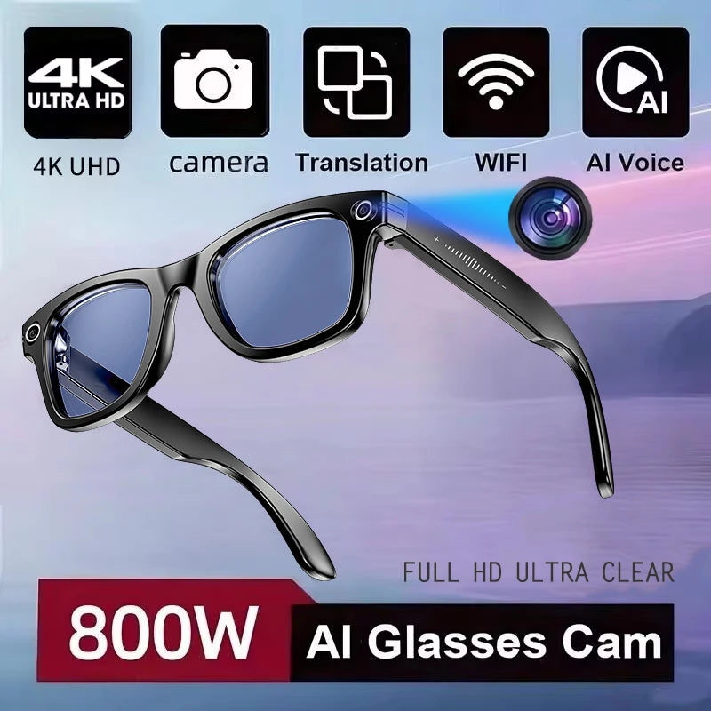 2025New Man 800W AI Smart Glasses Camera AI Translation Voice Bluetooth Call WiFi 4K HD Waterproof Anti Blue Light Women Glasses Good Vibrations