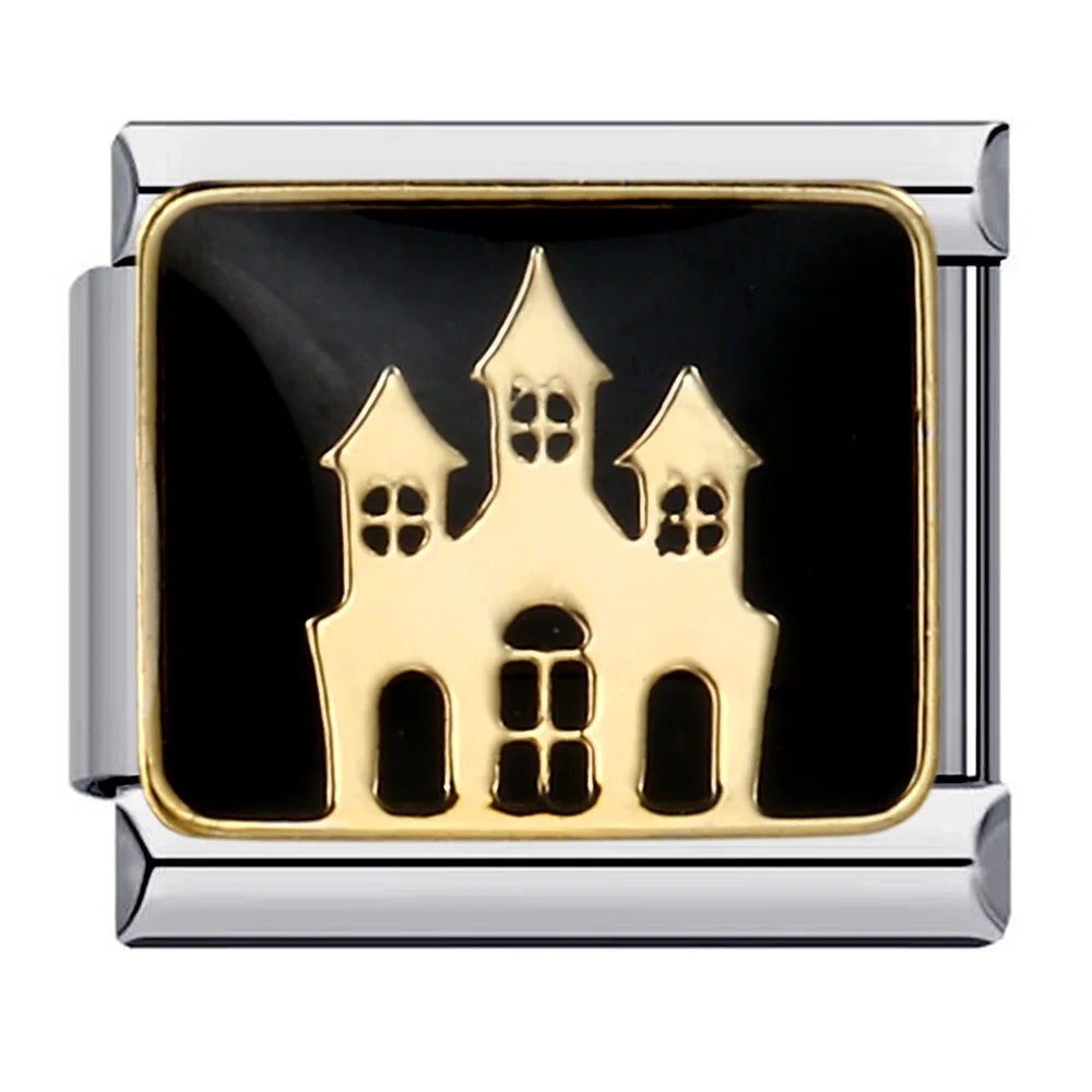 Goth Vintage Black Glaze Skull Raven Ghost Halloween Day's Charm Links Fit 9mm Bracelet Stainless Steel Making DIY Jewelry Good Vibrations