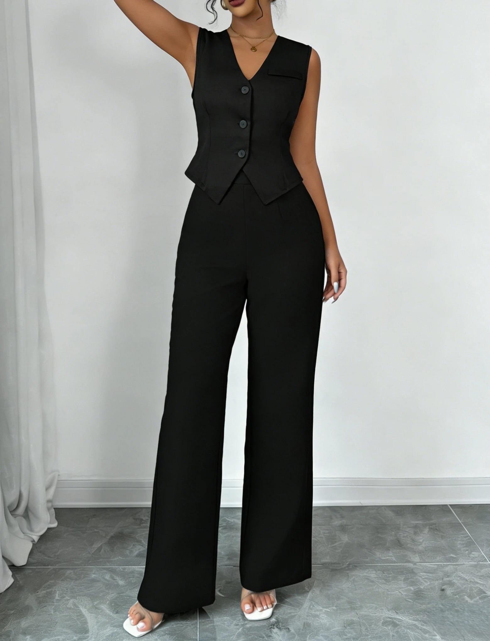 Women's Black Two Piece Outfit Sleeveless V Neck Vest Blazer High Waist Wide Leg Pants Elegant Office Spring Summer Suit Set Good Vibrations