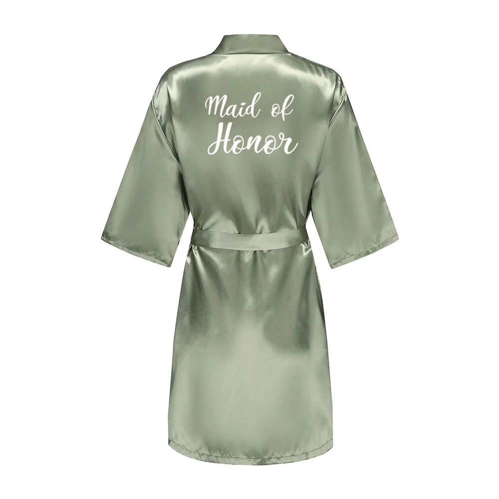 Grass Green Women's White Letter Bride Bridesmaid Short Satin Robes for Wedding Party Getting Ready Good Vibrations