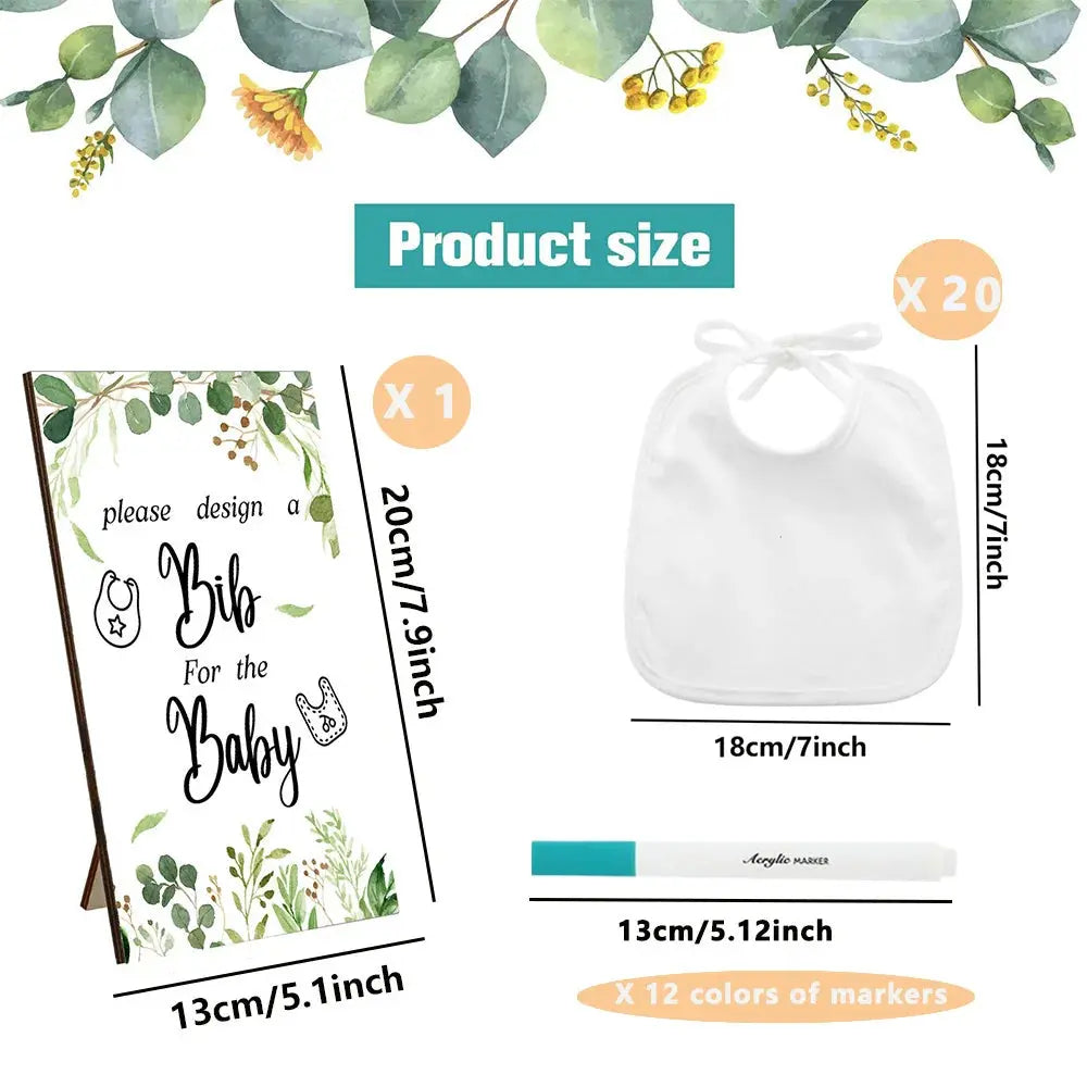 BabyShower Games Bibs DIY Design Games, Include Wooden Game Sign with 20 Bibs 12 Marker for BabyShower Guestbook Gender Reveal Good Vibrations