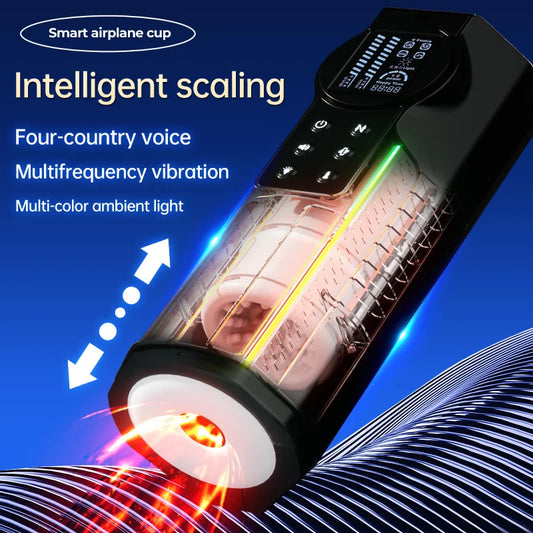 Automatic telescopic male masturbation cup with intelligent scaling and multicolor ambient light.