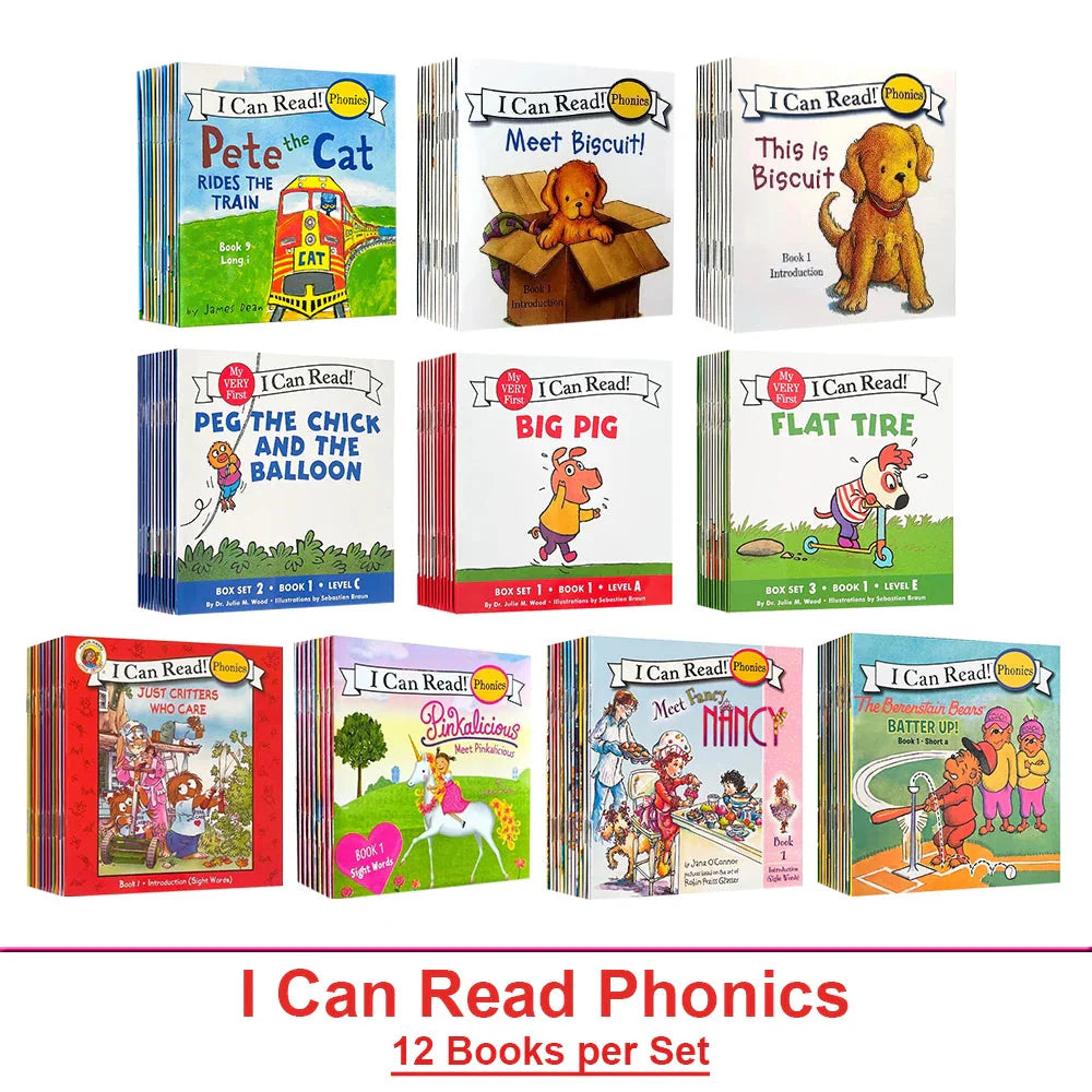 I Can Read Phonics 12 books set for children with colorful story picture books for early reading and Montessori learning.