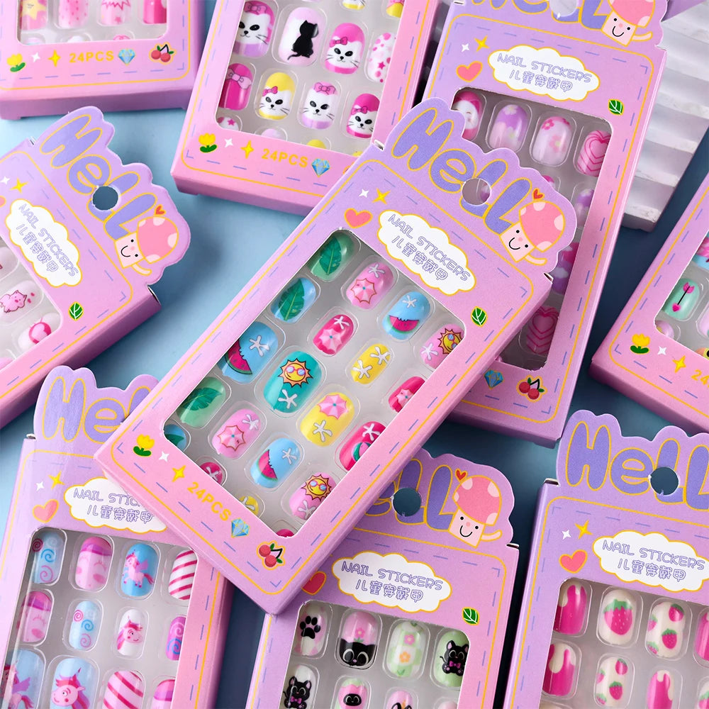 24Pcs/box Kids nails for Girl Cartoon Pattern False Nail Cute Child Fake Nails Tips Kawaii Acrylic Artificial Press on Nail+Tool Good Vibrations