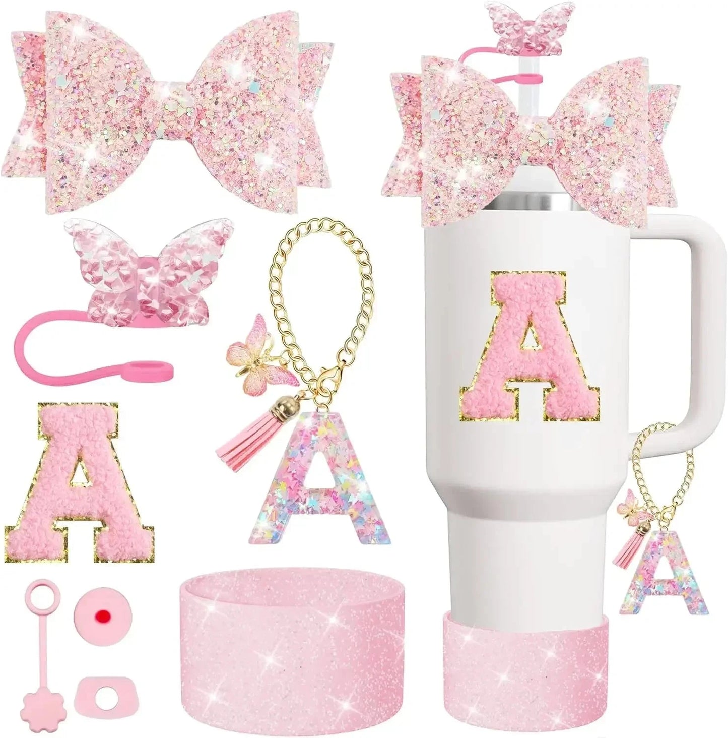 8PCS Cup Accessories Set for Stanley Cup 30 40oz Tumbler Straw Topper Cover Cap Boot,Spill Proof Stopper Charm Initials Sticker Good Vibrations