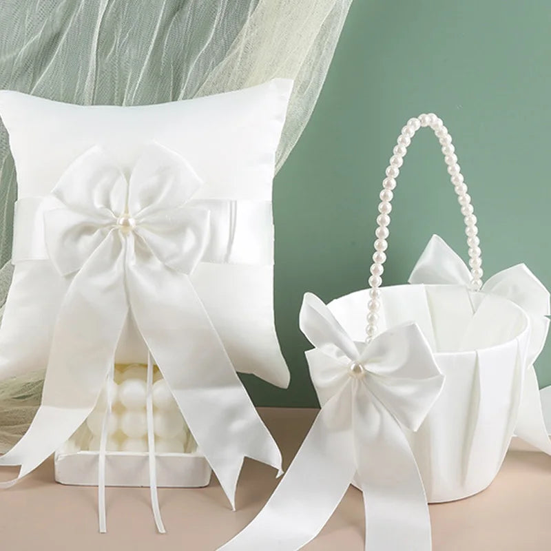 Flower Girl Basket Ring Bearer Pillow Set White Romantic Satin Bow Pearls Ring Pillow For Bride/Kid Wedding Ceremony Party Decor Good Vibrations