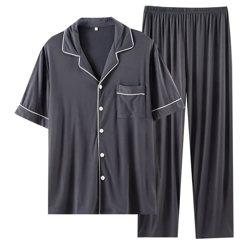 Simple Solid Color Bamboo Men's Pajamas Spring and Summer Short-sleeved Trousers Loose and Wearable Loungewear Suit Good Vibrations