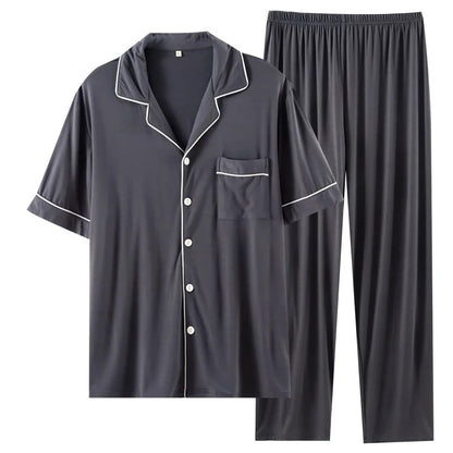 Simple Solid Color Bamboo Men's Pajamas Spring and Summer Short-sleeved Trousers Loose and Wearable Loungewear Suit Good Vibrations