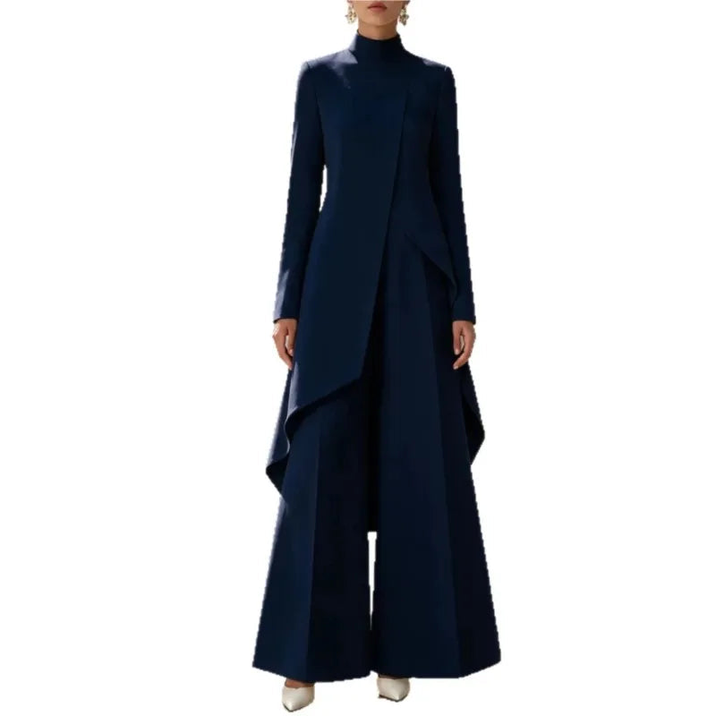 Woman's Autumn Stand Collar Top With Wide Leg Pants Two-piece Set Fashion Solid Irregular Long Top Suit Lady Chic Office Outfit Good Vibrations