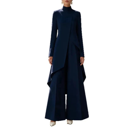 Woman's Autumn Stand Collar Top With Wide Leg Pants Two-piece Set Fashion Solid Irregular Long Top Suit Lady Chic Office Outfit Good Vibrations