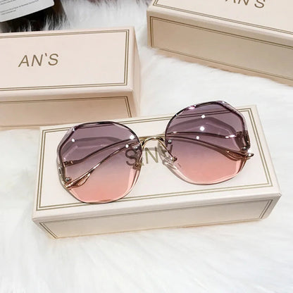 Rimless Sunglasses Polygon Fashion Popular Women Men Shades Big Frame Round Sun Glasses for Female Oculos Gradient Sunglasses Good Vibrations