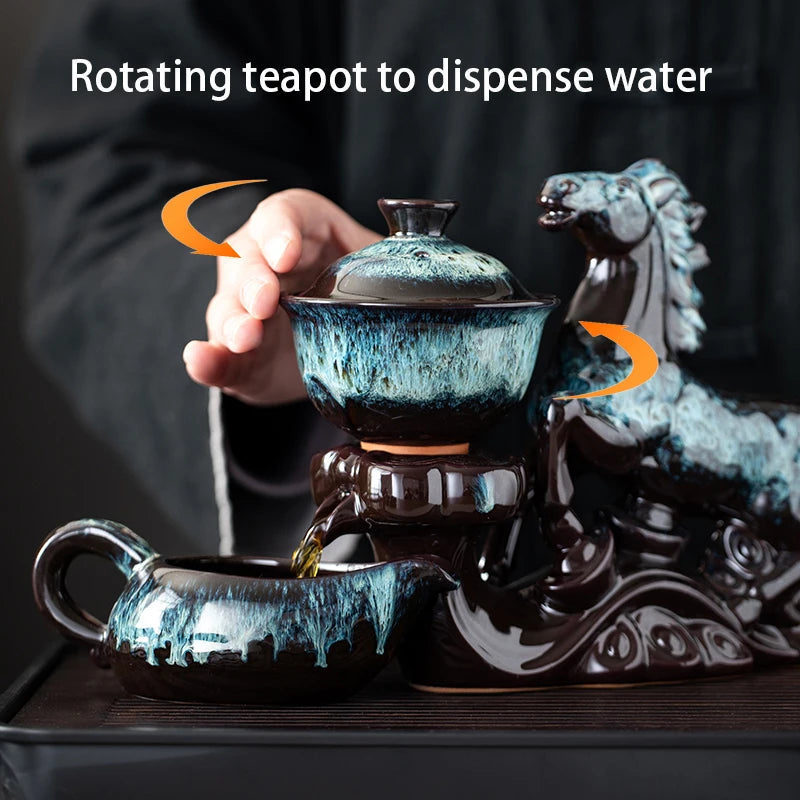 1 set of creative lazy tea set, semi-automatic horse teapot, magnetic rotating water guide tea set, Chinese Kung Fu tea set Good Vibrations