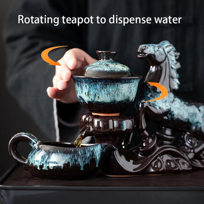1 set of creative lazy tea set, semi-automatic horse teapot, magnetic rotating water guide tea set, Chinese Kung Fu tea set Good Vibrations