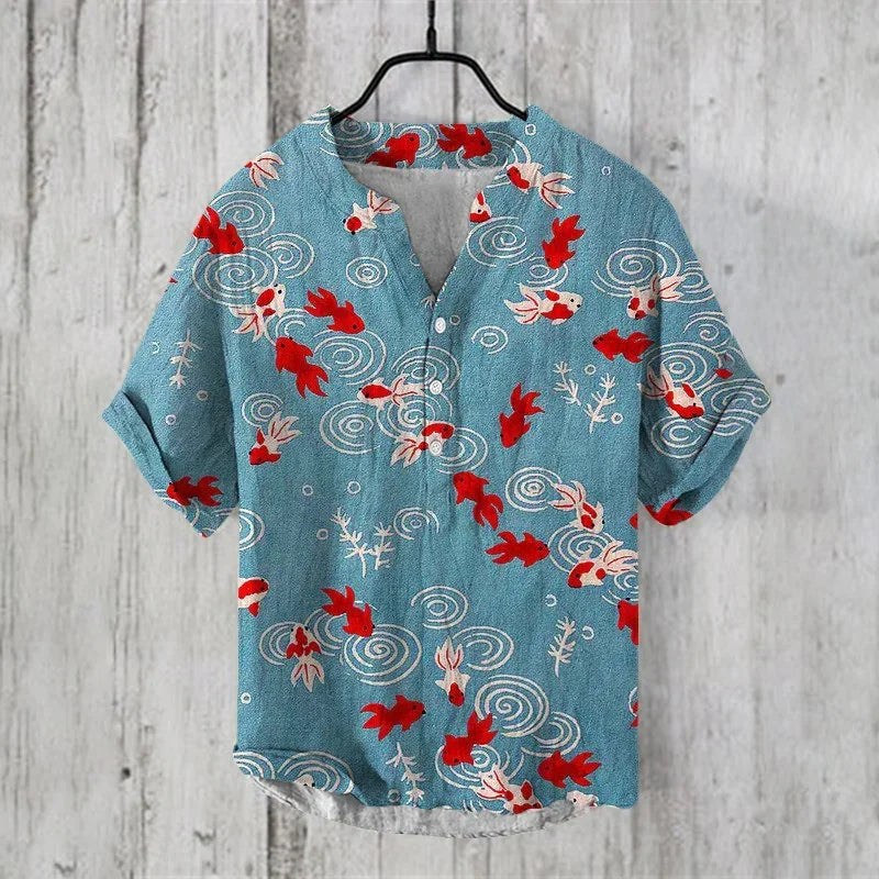 Henry Men's Casual Fashion Outdoor Seaside Men's Tops Shirt V-Neck Linen Shirt 2024 New Plus Size Good Vibrations