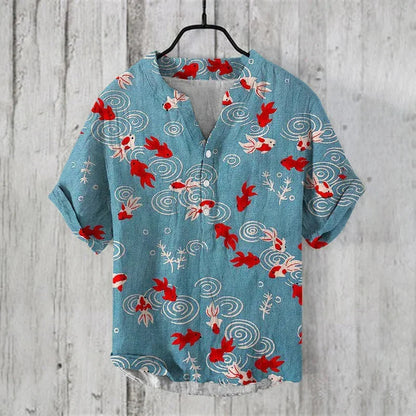 Henry Men's Casual Fashion Outdoor Seaside Men's Tops Shirt V-Neck Linen Shirt 2024 New Plus Size Good Vibrations