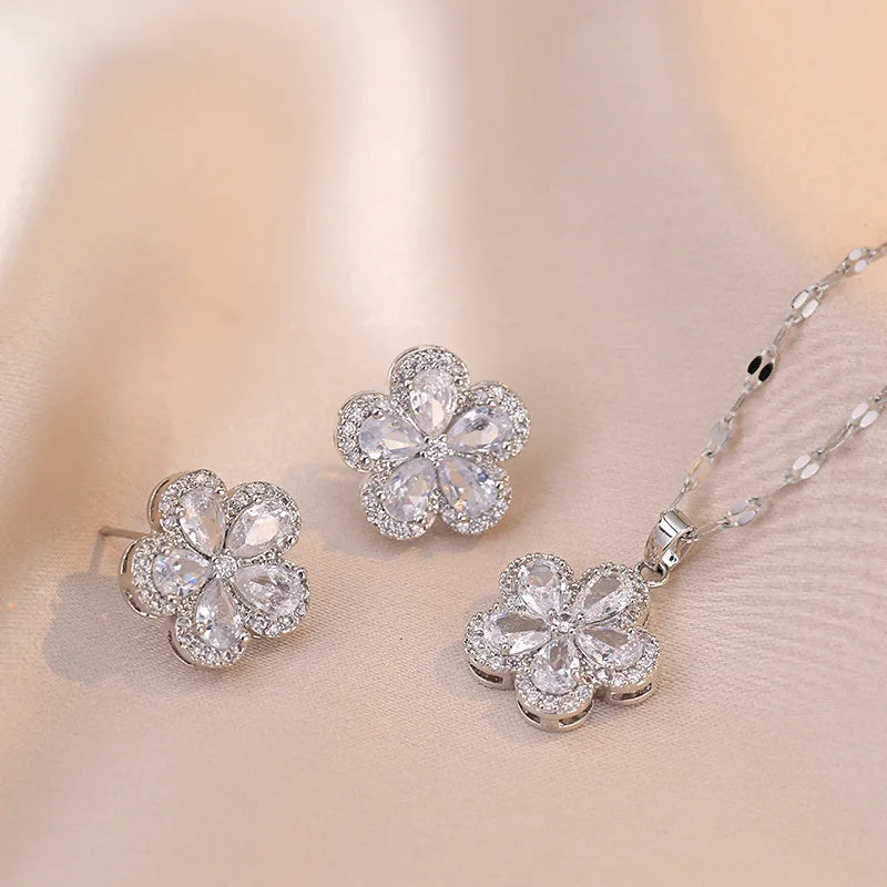 Charm Cherry Flower Stud Earrings and Pendant Clavicle Necklaces For Women Stainless Steel Jewelry Sets White Zircon Choker Gift Good Vibrations