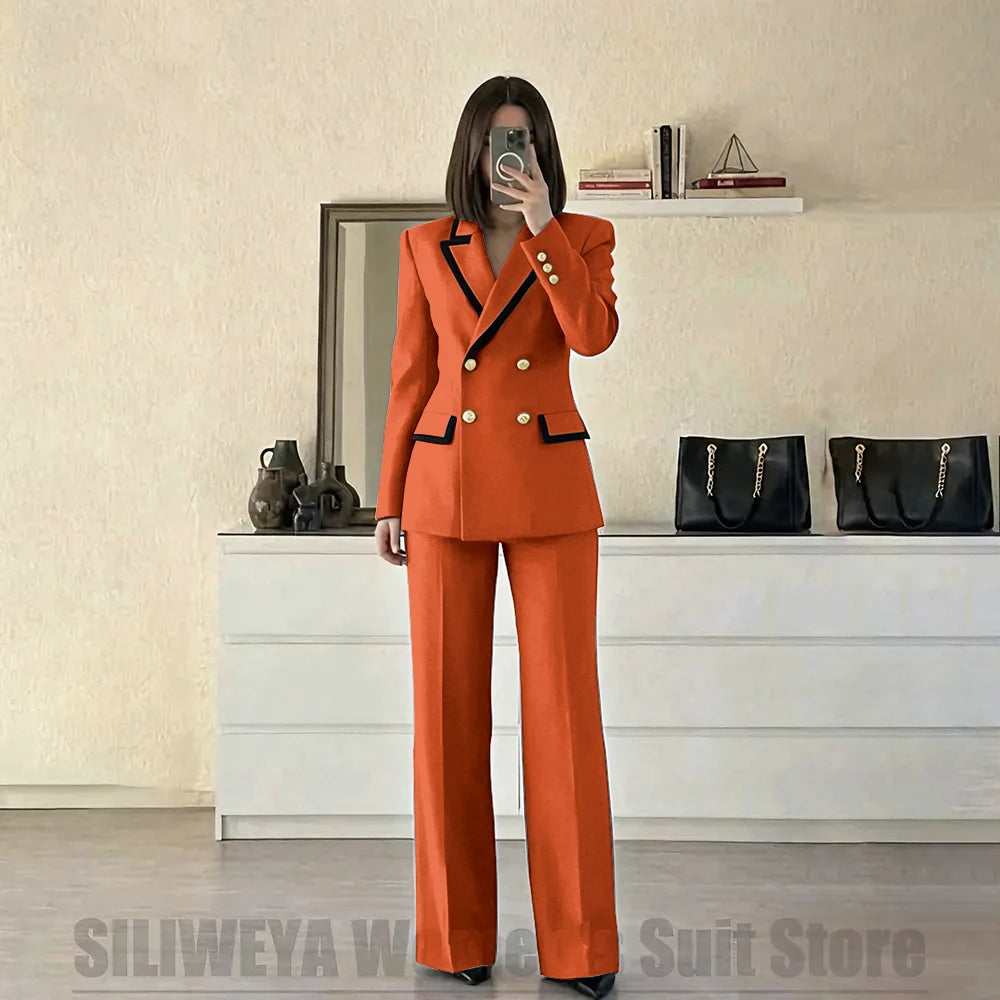 Women's Red Suit Two Piece Set Double Breasted Blazer with Black Trim and Pants Elegant Formal Fashion Daily Casual Party Tuxedo Good Vibrations