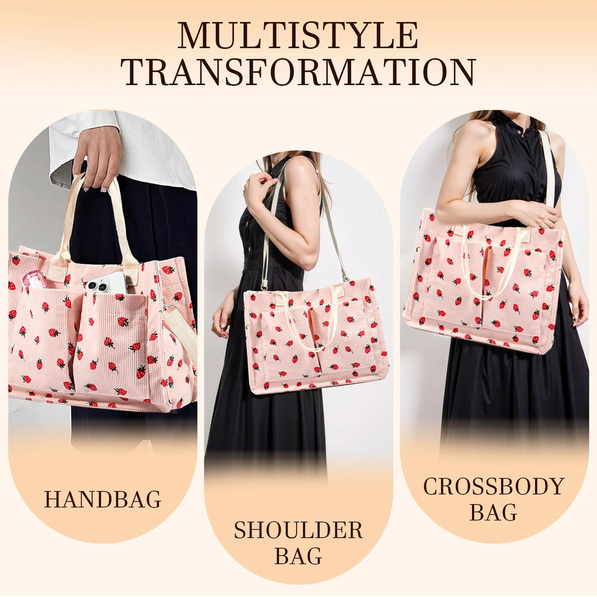 Tote Bag Cute Strawberry Patched Purse for Women Fabric Large Capacity Tote Purse Enduring Tote Bag with Adjustable Shoulder Good Vibrations