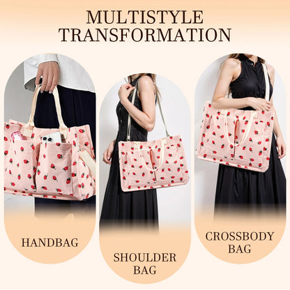 Tote Bag Cute Strawberry Patched Purse for Women Fabric Large Capacity Tote Purse Enduring Tote Bag with Adjustable Shoulder Good Vibrations