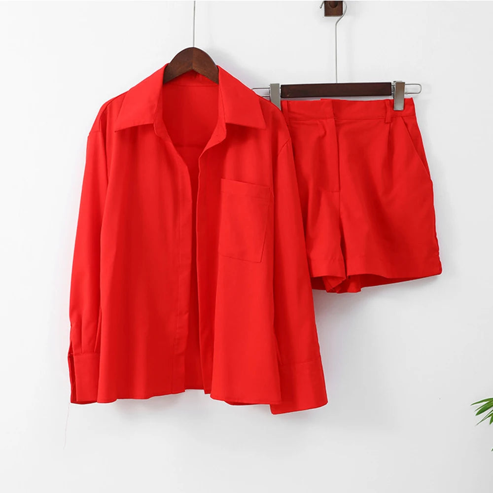 2026 New Short Sets Women Shirts Long Sleeve Cotton Linen Loose Blouse High Waist Shorts Suit Summer 2 Piece Sets Womens Outfits Good Vibrations