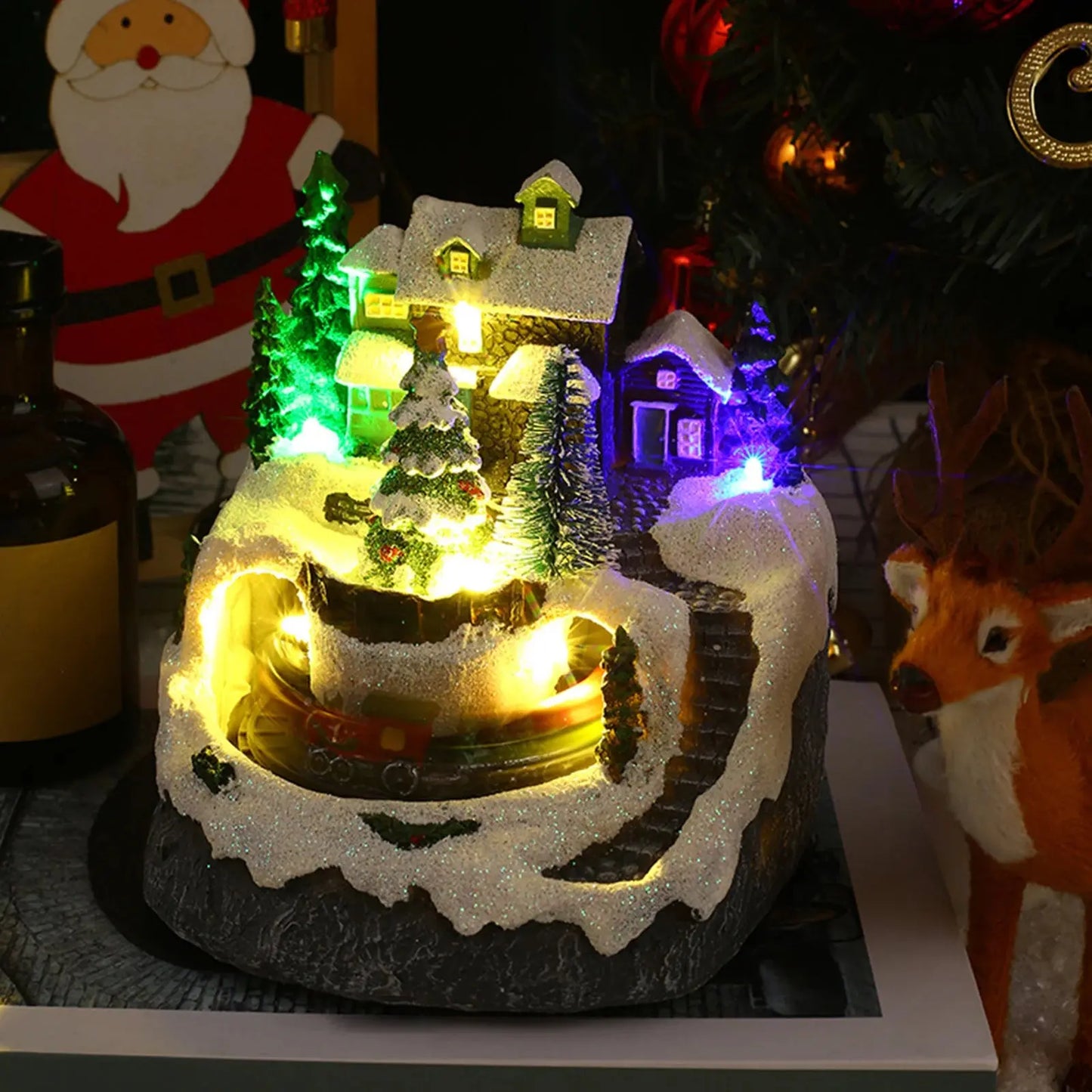 Christmas Village House Snow Tree Scene Lights Up Holiday Decoration Resin Collection for Living Room Restaurant Festival Good Vibrations