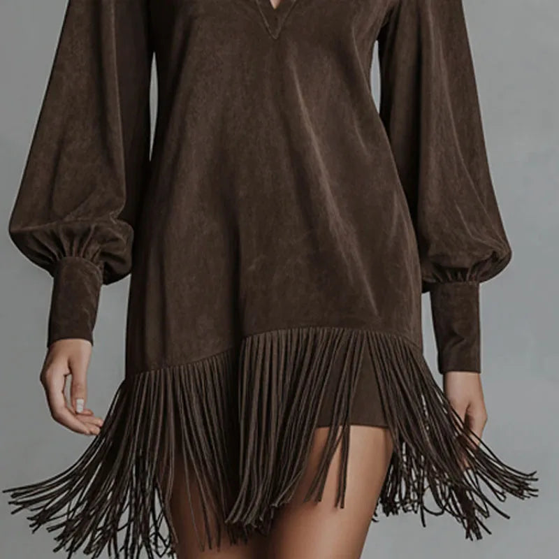 Spring Retro Solid Imitation Suede Tassel Dress Woman Sexy Lapel Hollow A-Line Mini Dress Autumn Long Sleeve Elegant Party Dress Good Vibrations