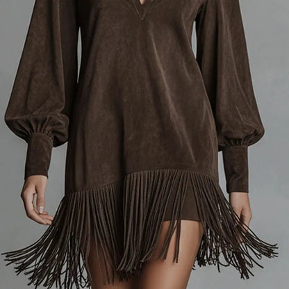 Spring Retro Solid Imitation Suede Tassel Dress Woman Sexy Lapel Hollow A-Line Mini Dress Autumn Long Sleeve Elegant Party Dress Good Vibrations