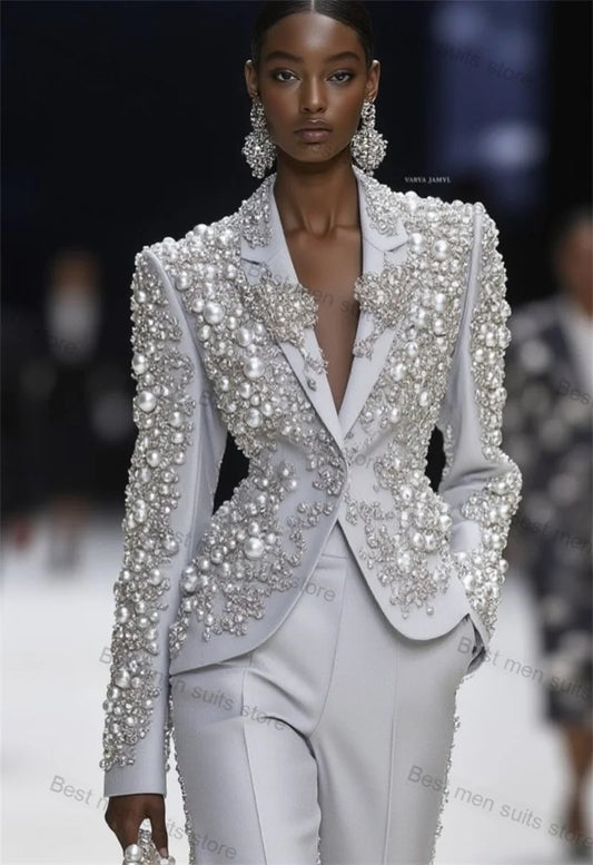 Luxury Shiny Women Suit Set 2 Piece Pearls Blazer+Pants Trousers Formal Office Jacket Cotton Customized Wedding Tuxedos Coat Good Vibrations
