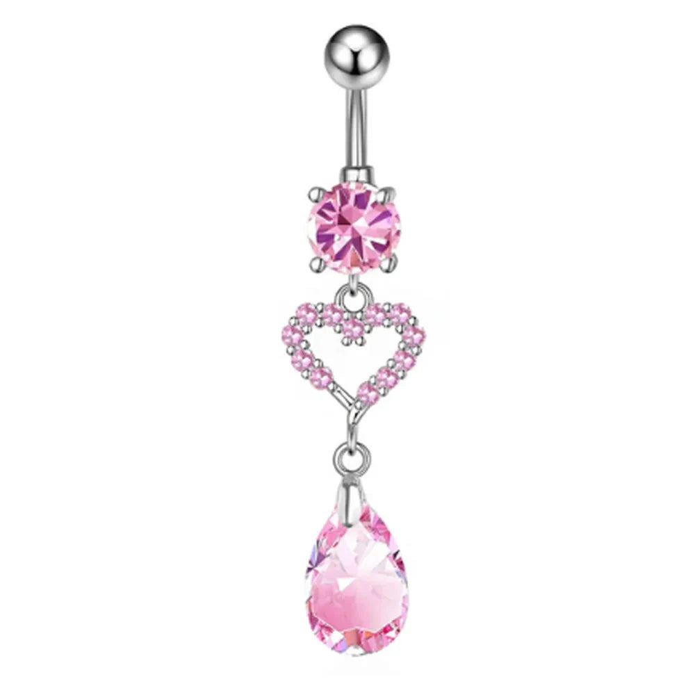 Fashion Pink Crystal Crown Belly Button Rings Stainless Steel Long Pendant Butterfly Heart Navel Piercing for Women Jewelry Good Vibrations Adult Super Store