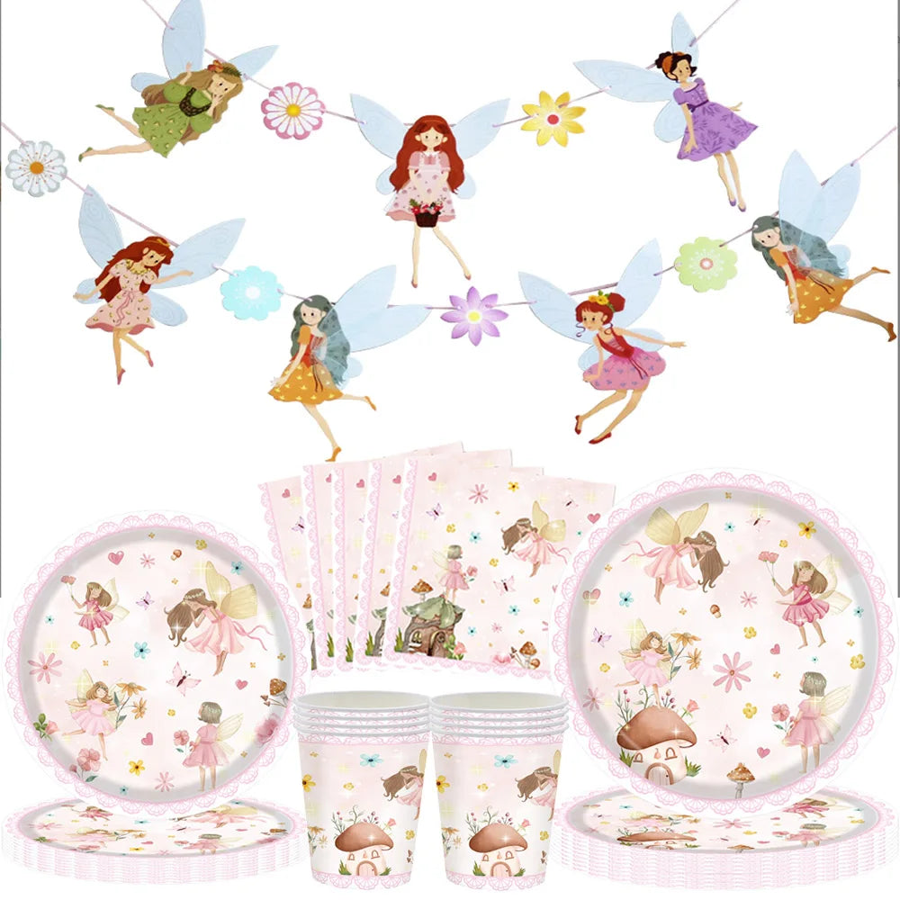 Fairy Party Supplies for Girl Birthday Fairies Enchanted Themed Baby Shower Party Decor Garden Flower Disposable Tableware Decor Good Vibrations