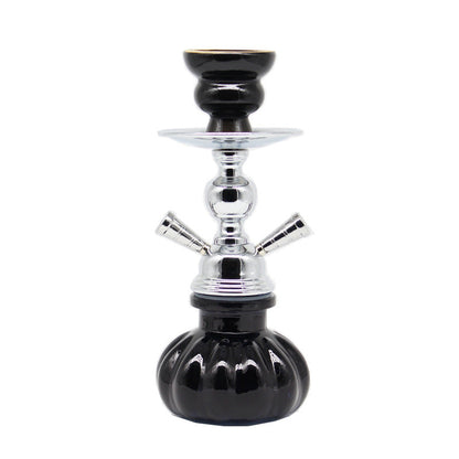 Small glass shisha pipe hookah set with single hose bowl and charcoal tong.