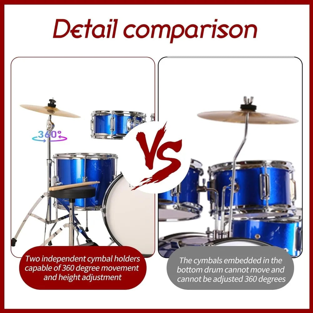 Kids 5-Piece Complete Junior Drum Set with Genuine Brass Cymbals with 16" Bass Drum, Tom-Tom, Snare, Cymbals, Hi-Tone Good Vibrations