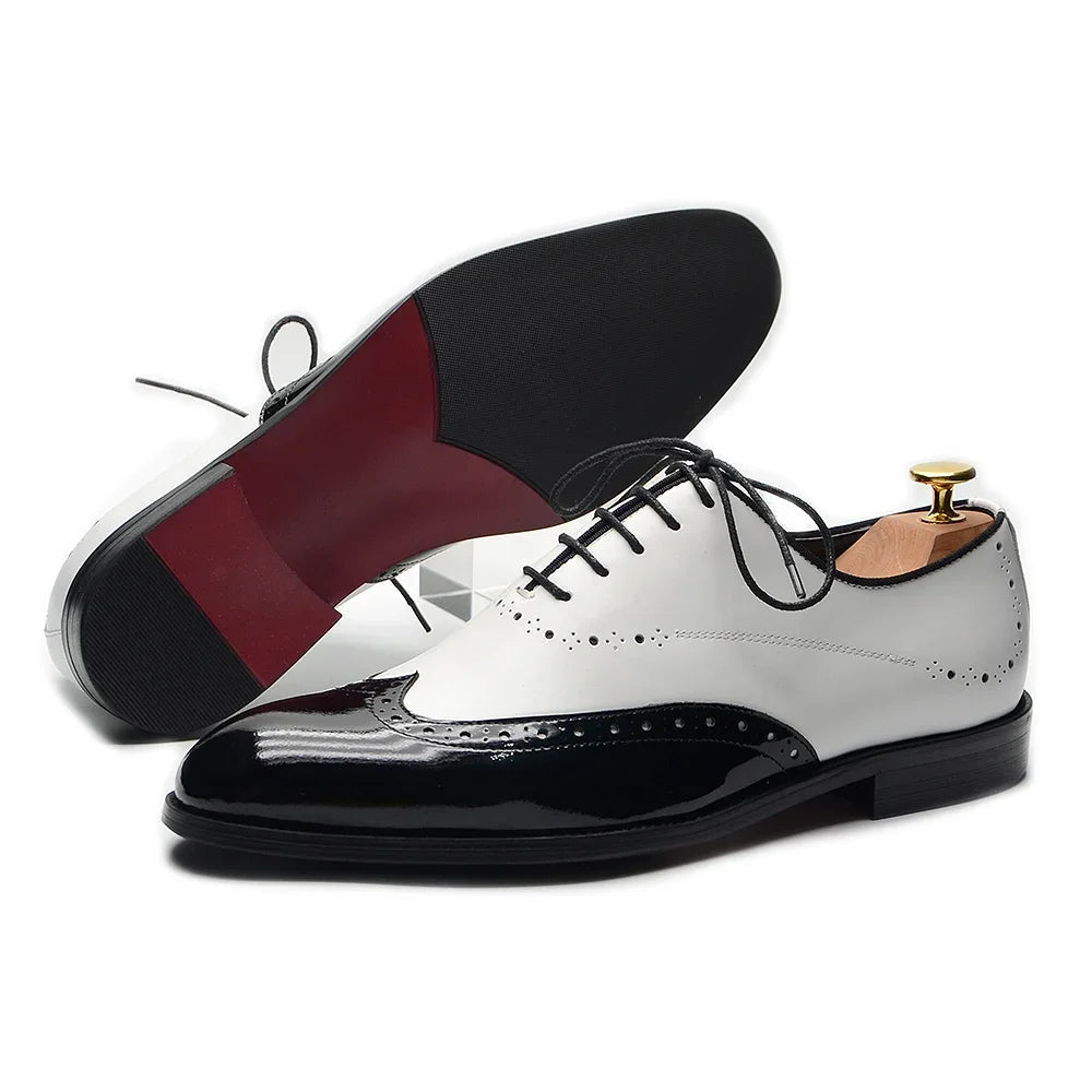 Formal Oxfords Shoes for Men White Black Real Cow Patent Leather Business Lace-up Wingtip Toe Brogue Wedding Mens Dress Shoes Good Vibrations