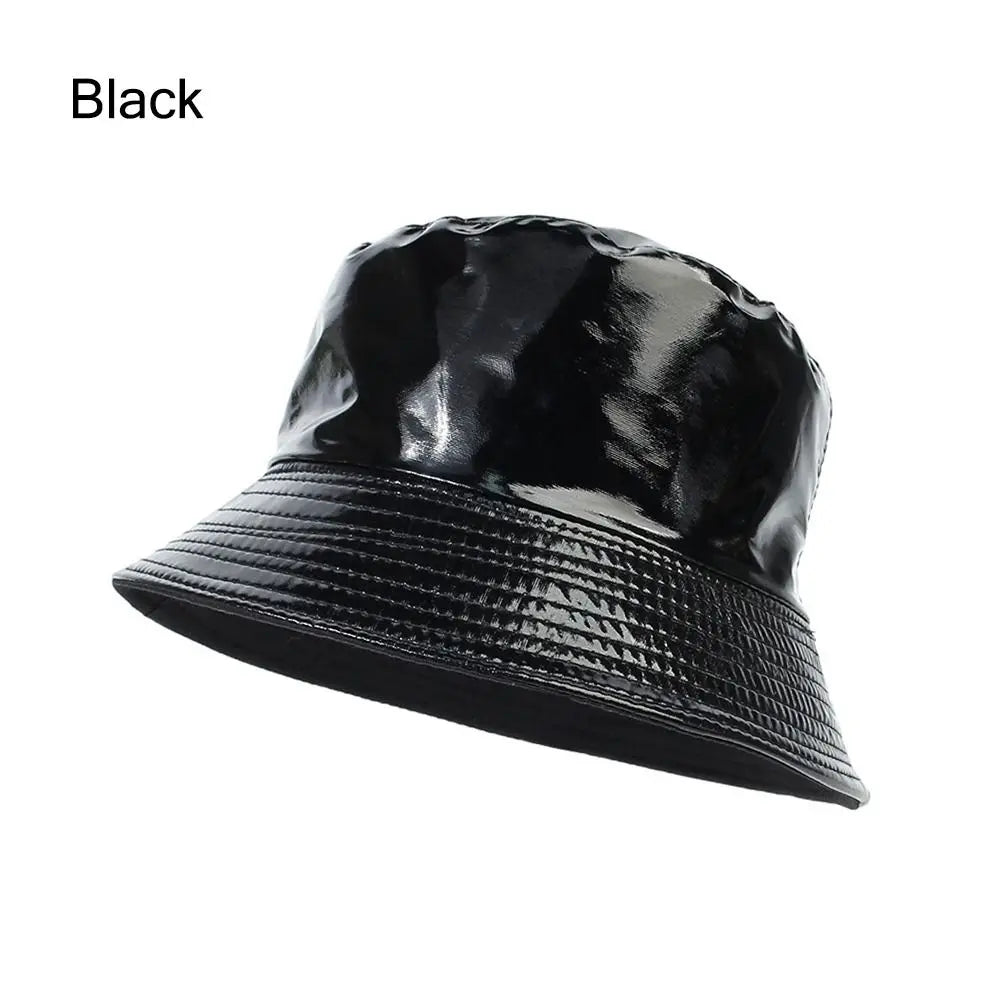 Faux Leather Bucket Hat Women Reversible PU Leather Sun Hat Fashion Autumn Waterproof Fisherman Hat Reversible Sun Bucket Hat Good Vibrations