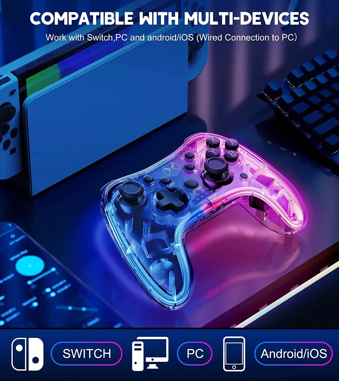 Controller 7039 for Switch With RGB Lights,Turbo,Wake-up Function,Supports Multi-Platform&App Control,Transparent GamePad Good Vibrations