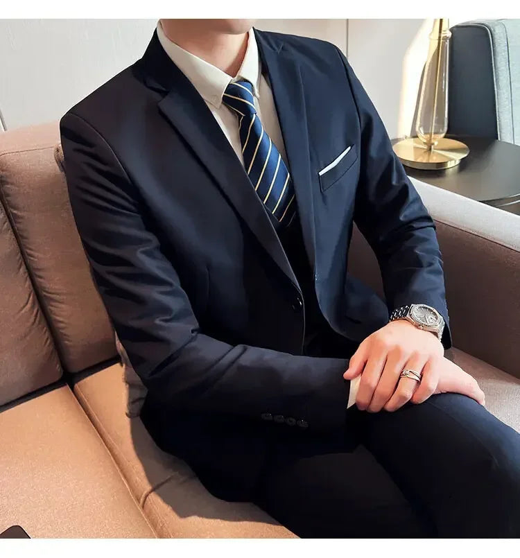 Suit (suit +Vest+Pants) Formal Business Men Four Seasons Professional Fashion Gentleman Solid Color Outdoor British Style Suit