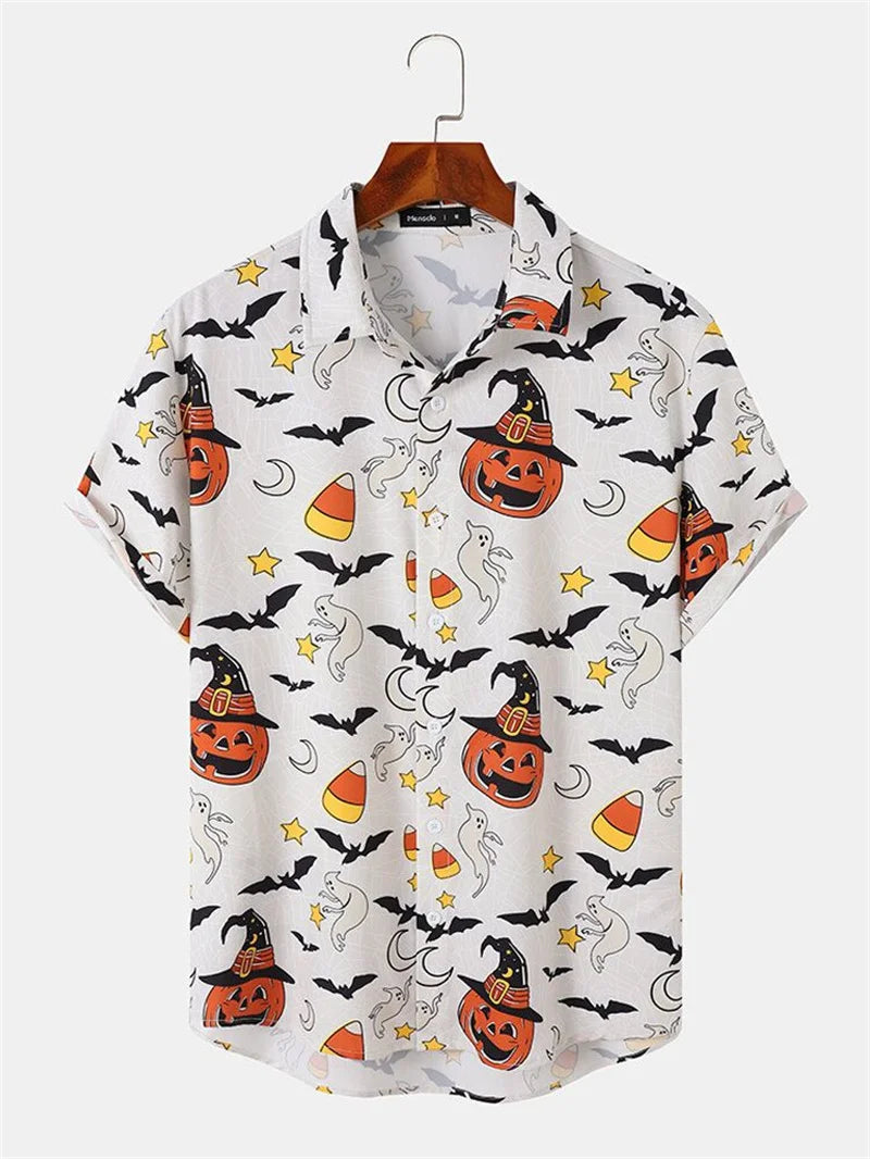 Men's Fashion Halloween Shirt Summer Cute Style Men's Clothing Party Holiday Men Top Pumpkin Head Print Boys' Short Sleeve Shirt Good Vibrations